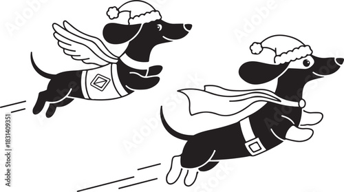 Dachshund Dog wear santa Claus Costumes Flying with a Cape. Christmas Holiday Clipart Line Art Vector Illustration Xmas. Wiener canine attire garb soar cloak