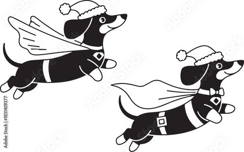 Dachshund Dog wear santa Claus Costumes Flying with a Cape. Christmas Holiday Clipart Line Art Vector Illustration Xmas. Wiener canine attire garb soar cloak