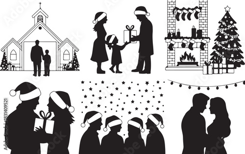 Elegant black and white silhouettes portraying diverse Christmas holiday activities, from church attendance to festive home decorations and family joy