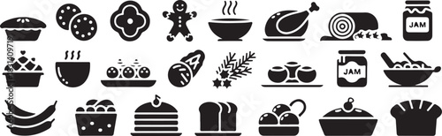 Festive black silhouettes of holiday treats on white background, concept of christmas food, new year dishes, culinary delights, gingerbread, pie, roast, dessert, icon, logo, design element