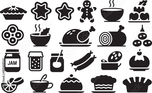 Festive black silhouettes of holiday treats on white background, concept of christmas food, new year dishes, culinary delights, gingerbread, pie, roast, dessert, icon, logo, design element