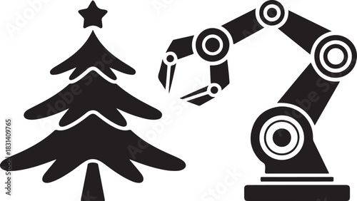 Festive celebration a black and white illustration of robotic arm with christmas tree on white background