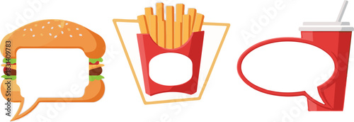 Cartoon Hamburger Speech Bubble with Sesame Seed Bun and Ingredients.