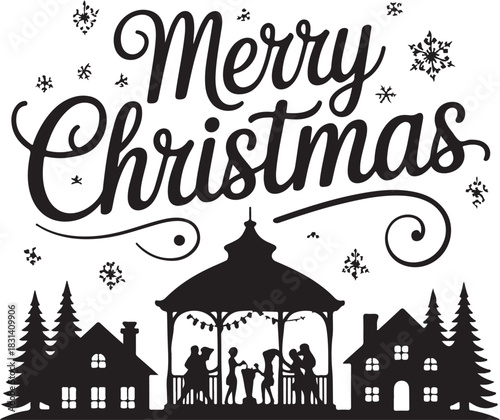 Festive merry christmas scene with a silhouetted gazebo and houses under falling snowflakes