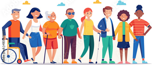 Diverse group of people standing together representing inclusion and community support illustration