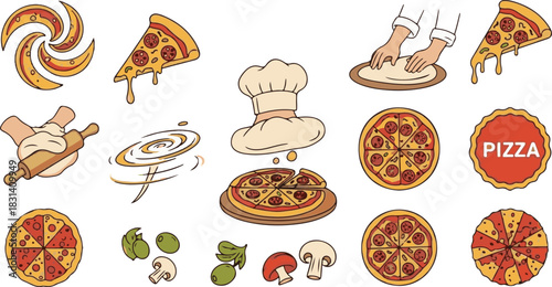 Vibrant cartoon pizza elements collection with cheesy slices whole pies ingredients and cooking process.