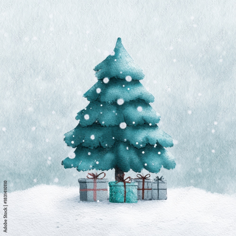 Naklejka premium Festive Christmas Tree with Gifts in Snowy Winter Scene