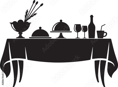 Festive Winter Dinner Table Vector Illustration – Elegant Christmas and New Year Celebration Feast Silhouette with Food, Drinks, and Decor, Holiday Party Dining Scene in Minimalist Style