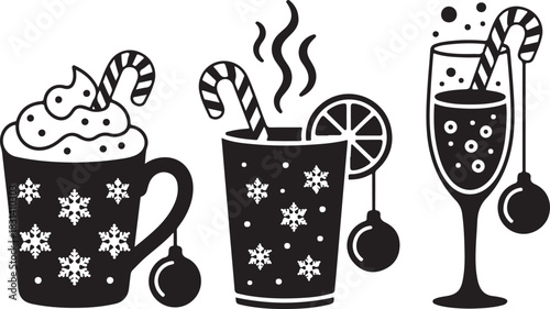 Flat vector illustration of Christmas ornaments shaped like mugs, teacups, and champagne glasses with festive drinks and candy