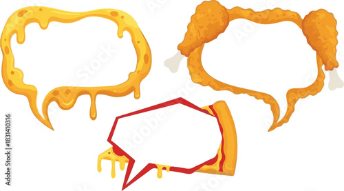 Cartoon food-themed speech bubbles with dripping cheese crispy fried chicken and cheesy pizza slice designs.