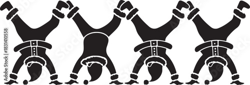 Four santa claus figures performing handstands in a row silhouette