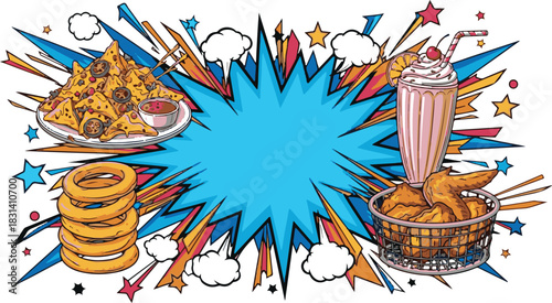Dynamic Pop Art Fast Food Banner with Nachos Wings Onion Rings and Milkshake.