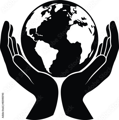 Black Silhouette of Earth Held Gently in Two Hands Vector