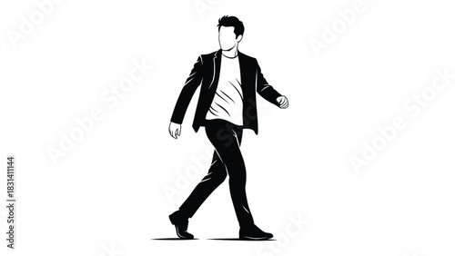 Black and white vector illustration of a confident businessman walking forward