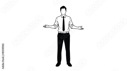 Black and white line art illustration of a businessman standing with open arms gesture