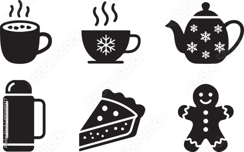Hot chocolate coffee tea gingerbread man cake thermos winter holiday season beverage illustration graphic vector illustration
