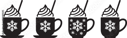 Hot Chocolate Cup Vector Set – Winter Holiday Drink Silhouette Design with Snowflake, Whipped Cream and Straw, Festive Beverage Icon for Christmas and New Year Celebration Art
