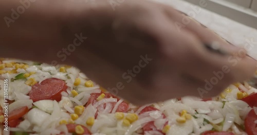 Man is Cooking Preparing Food Homemade Pizza on Kitchen. 4K 10-bit