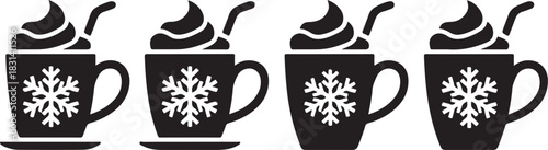 Hot Chocolate Cup Vector Set – Winter Holiday Drink Silhouette Design with Snowflake, Whipped Cream and Straw, Festive Beverage Icon for Christmas and New Year Celebration Art