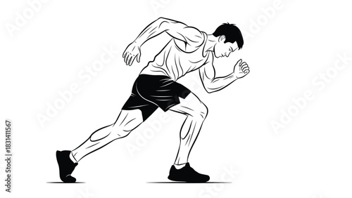 Black and white line art drawing of a muscular male athlete starting a sprint run