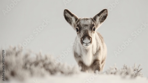 A close-up of a curious reindeer in a snowy landscape.