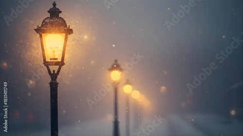 雪明かりと暖かな街灯のボケ