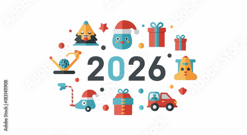 Set of cute christmas and new year 2026 icons isolated on