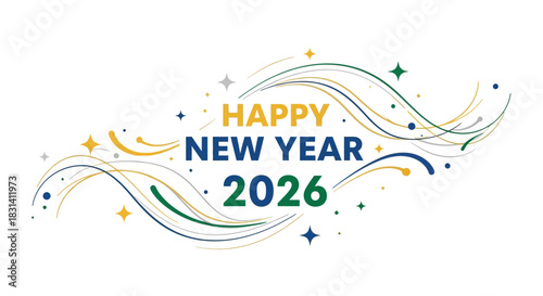 Happy new year 2026 celebration greeting with abstract wave design isolated on