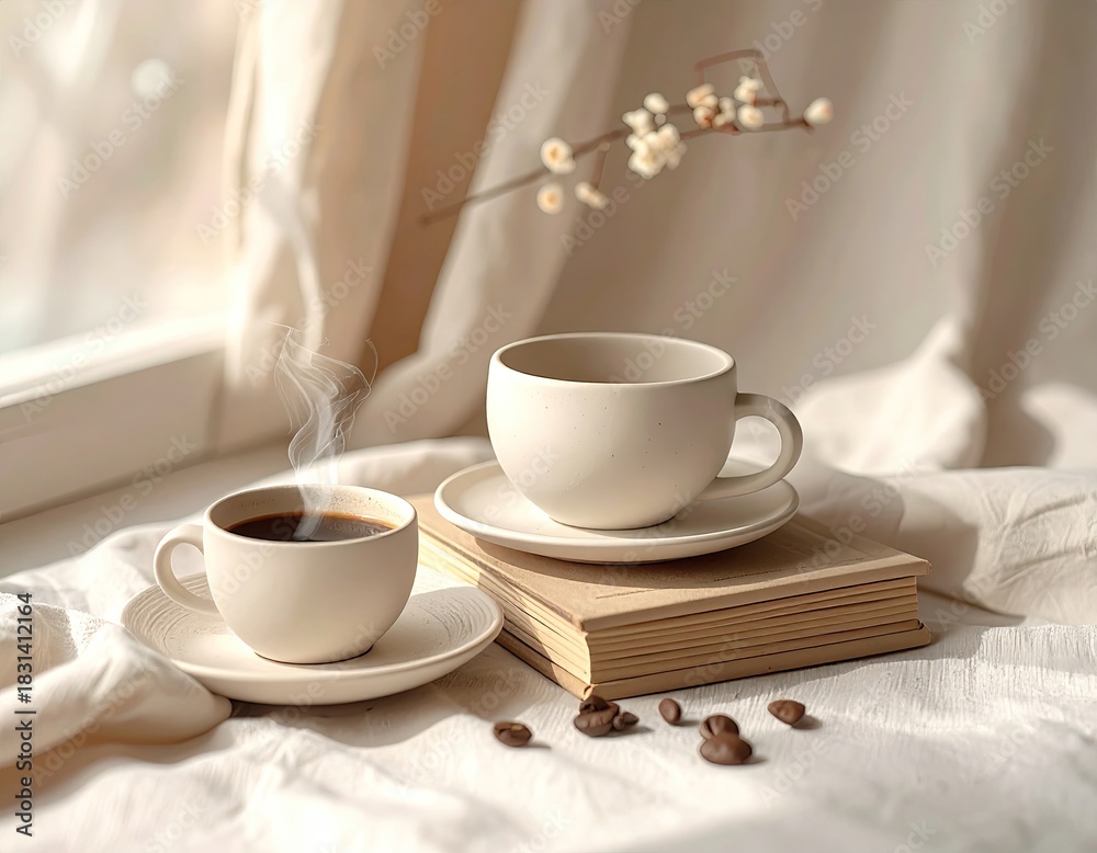 Fototapeta premium Two coffees by window, book, light. Serene, warm, subtle