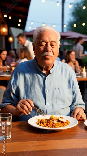 Senior Man Eating Paella at Outdoor Restaurant