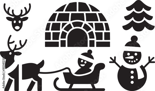 Joyful winter holiday scene silhouette with reindeer, sleigh, igloo, snowman and pine tree