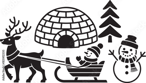 Joyful winter holiday scene silhouette with reindeer, sleigh, igloo, snowman and pine tree