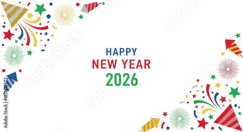 Happy new year 2026 greeting card with colorful firework border