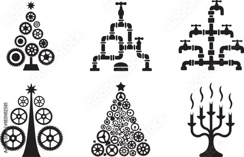 Mechanical Christmas tree silhouettes, industrial holiday design, gear and pipe decorations, festive engineering art, creative steampunk style seasonal illustration vector