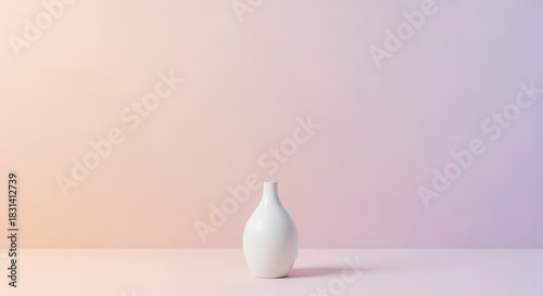 Minimalist white ceramic vessel stands centered against a soft pastel gradient wall