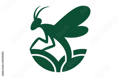 Dark green praying mantis silhouette on abstract white background with green leaf shapes insect