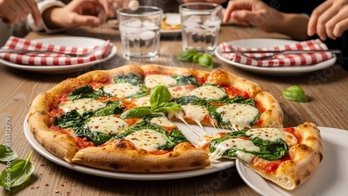 ピザ がテーブルに置かれ 暖かな光の中で家族が楽しそうに食事を囲んでいます