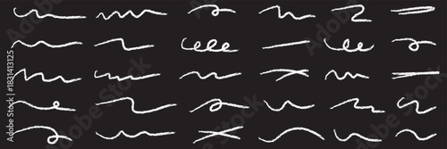 Hand drawn marker strokes set. Black paint brush lines, underlines and squiggles. White line and Black Background. EPS 10.