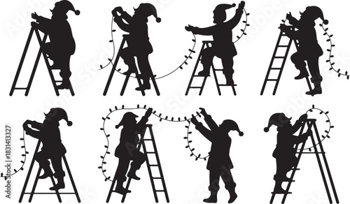 People in silhouette decorating with christmas lights on ladders silhouette