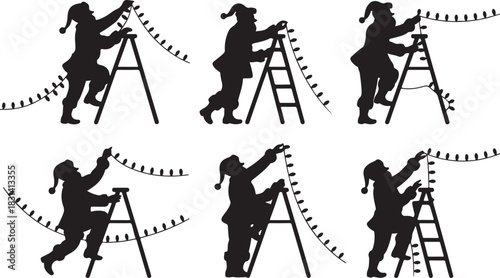 People in silhouette decorating with christmas lights on ladders silhouette