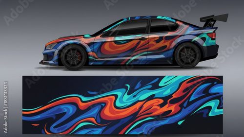 Modern sports car showcasing a vibrant blue and green abstract wave-like vinyl wrap design.