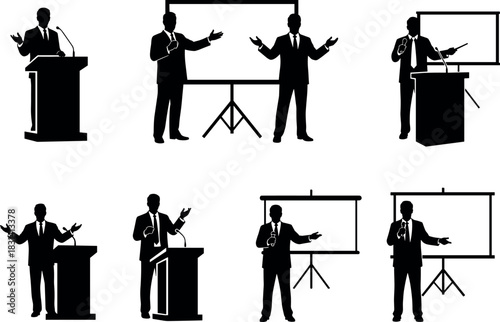 WebBusiness presentation and public speaking silhouettes – flavector podium and screen speaker illustration set