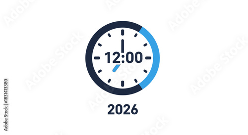 Clock icon showing 12 00 time with year 2026 below isolated on