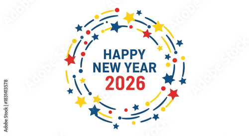 Happy new year 2026 text inside a colorful star and circle design isolated on