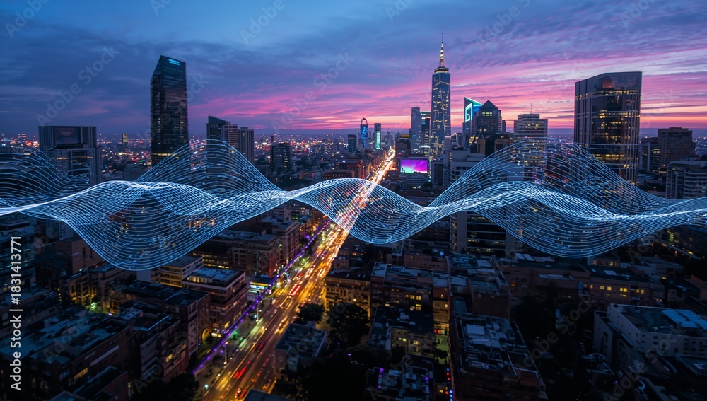 Naklejka premium Cityscape at dusk with digital data overlay concept