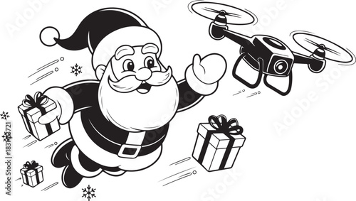 Santa Claus flying with a drone to deliver gifts during Christmas