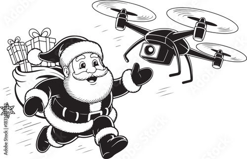 Santa Claus flying with a drone to deliver gifts during Christmas