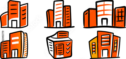 Vector Office building icon set for business, company headquarters, commercial property and real estate.