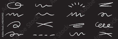 Hand drawn marker strokes set. Black paint brush lines, underlines and squiggles. White line and Black Background. EPS 10.