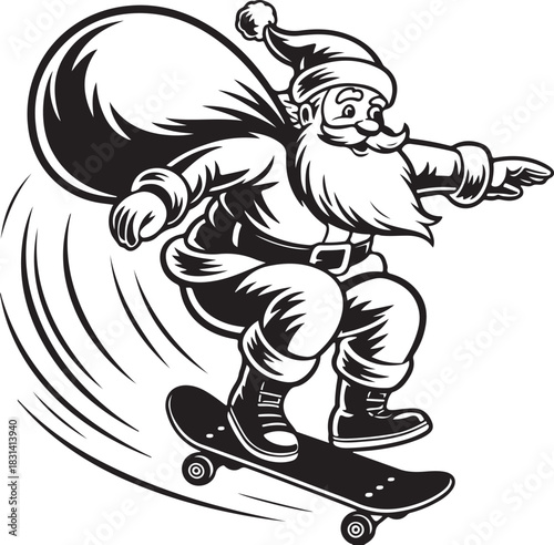 Santa Claus in silhouette performing a skateboard trick with a gift bag